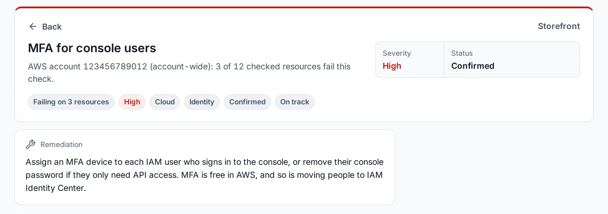 An AWS check failing on 3 of 12 resources, with the fix