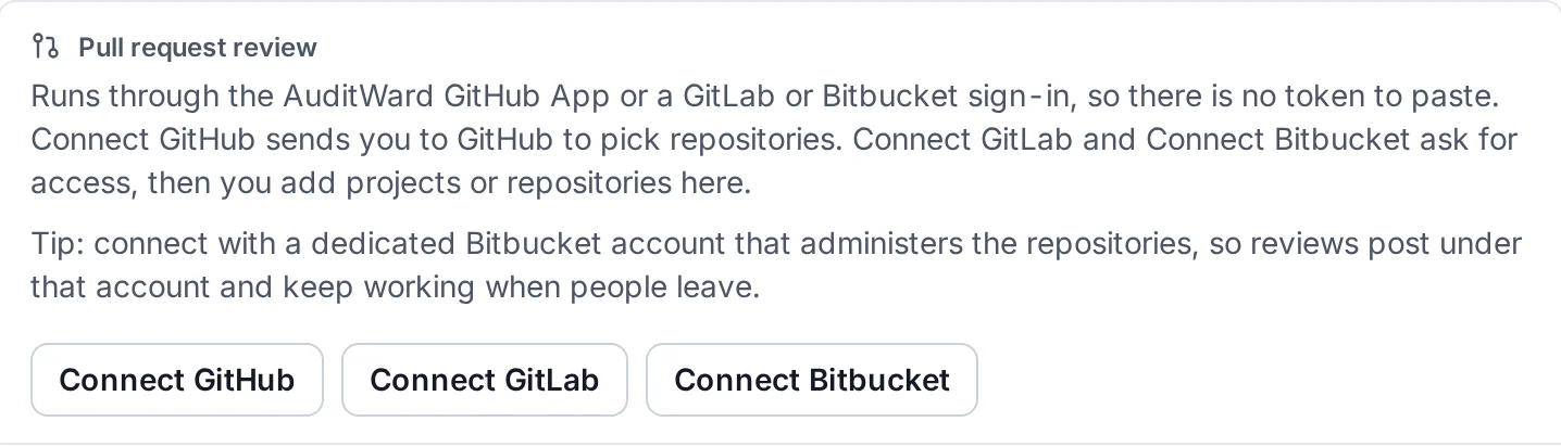 Pull request review settings with Connect GitHub, GitLab and Bitbucket