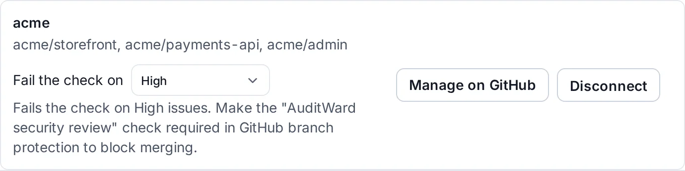 A connected GitHub account with its repositories and the level that fails the check