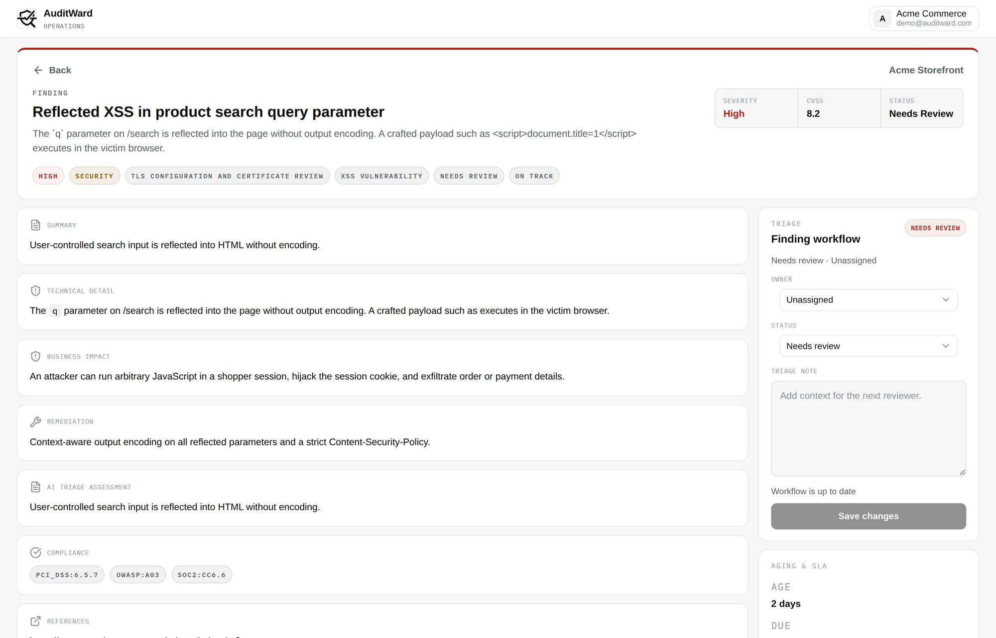 A single AuditWard finding: a high-severity reflected XSS issue with CVSS 8.2, a summary, business impact, remediation, an AI triage assessment, and PCI DSS, OWASP and SOC 2 compliance tags, alongside its triage workflow.
