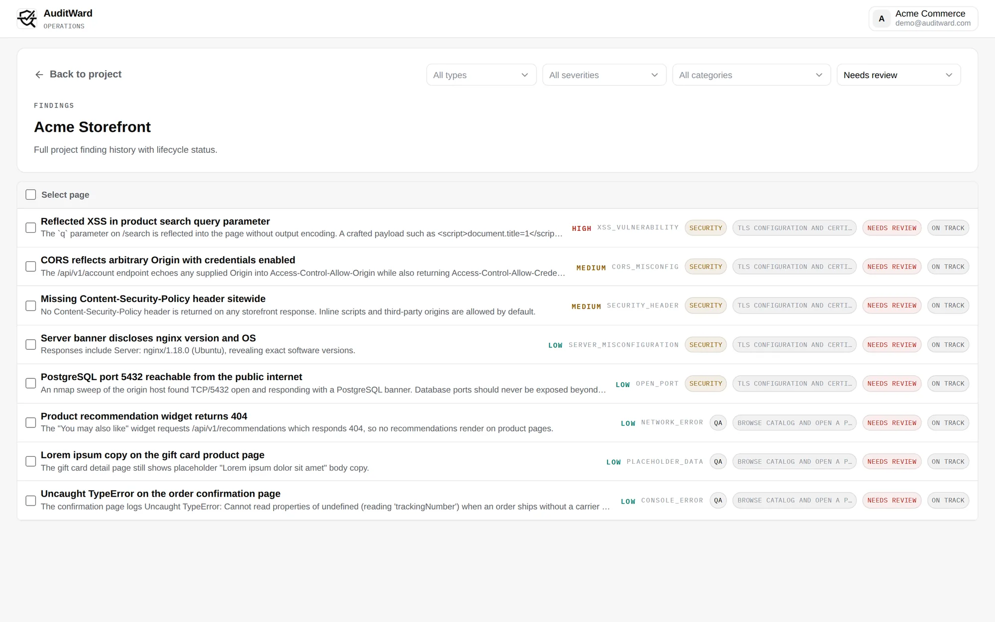 AuditWard findings list with severity and compliance tags